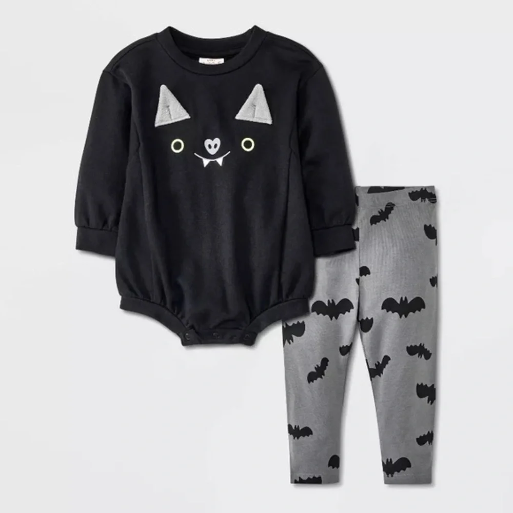 Baby Bat Face Romper & Leggings Set nwt Black 6-9M Halloween